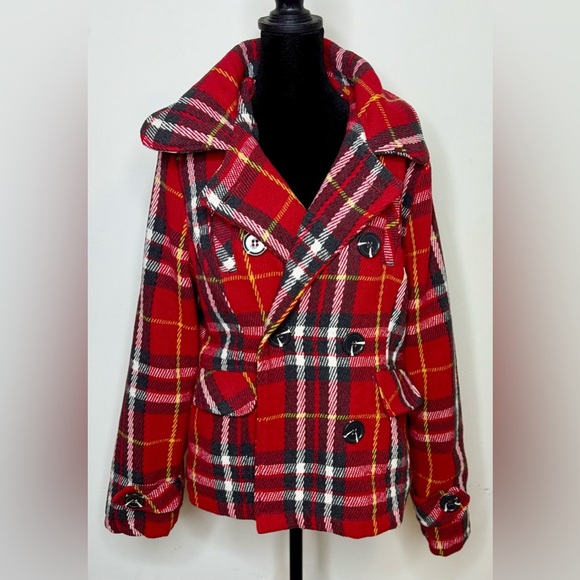 Body Central wool blend red plaid Fall Winter holiday coat button front Large - Picture 1 of 12
